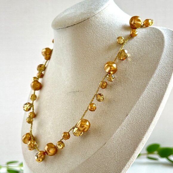 Ronit Nafshi Necklace, Gold Crystal & Pearl Beads, Handmade Israeli Design - Picture 2 of 7